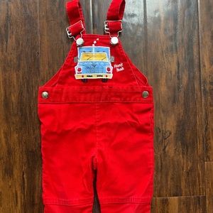 Baby boy buster brown vintage truck theme red overalls
